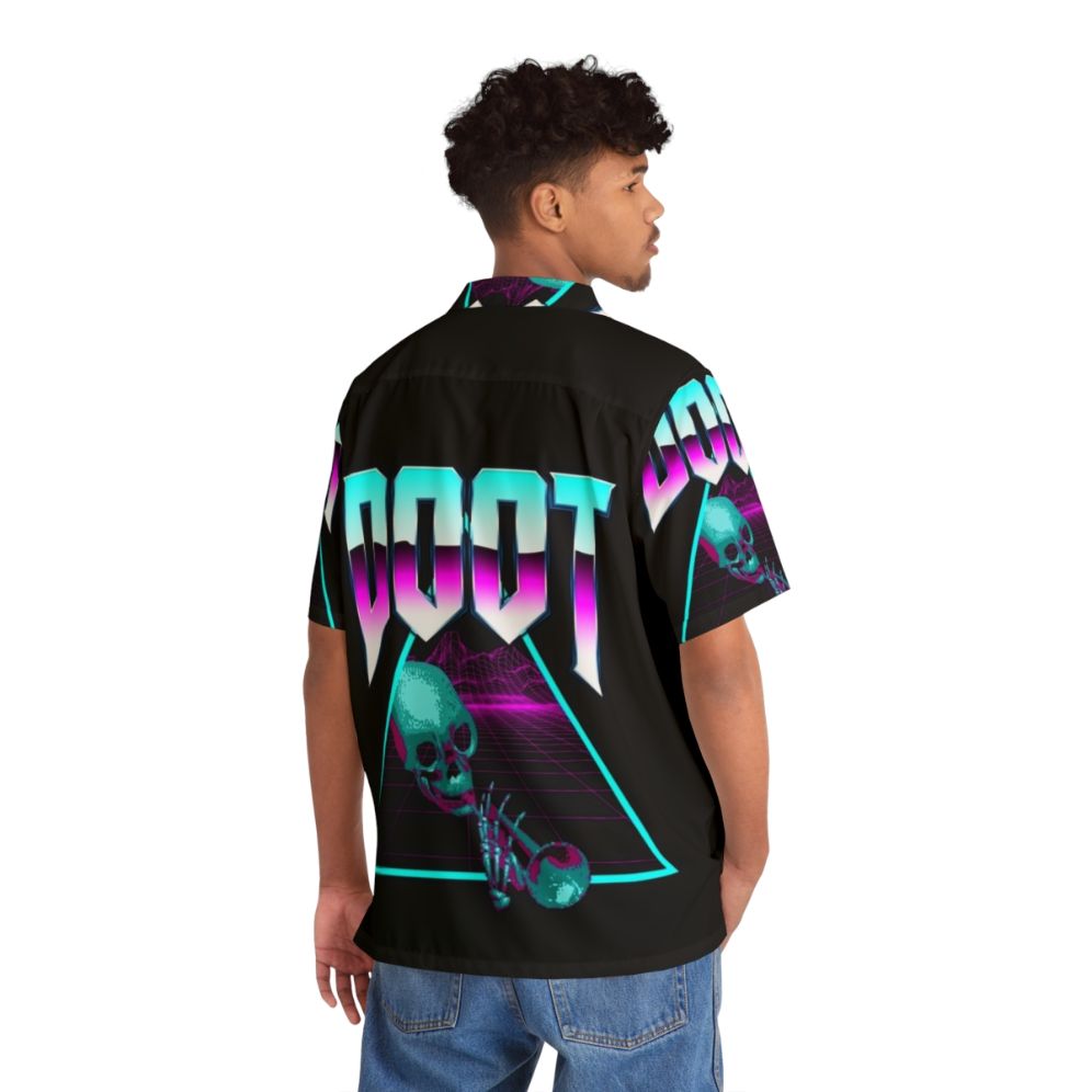 Retro 80s 90s vaporwave Hawaiian shirt with synthwave outrun aesthetic and palm tree pattern - People Back