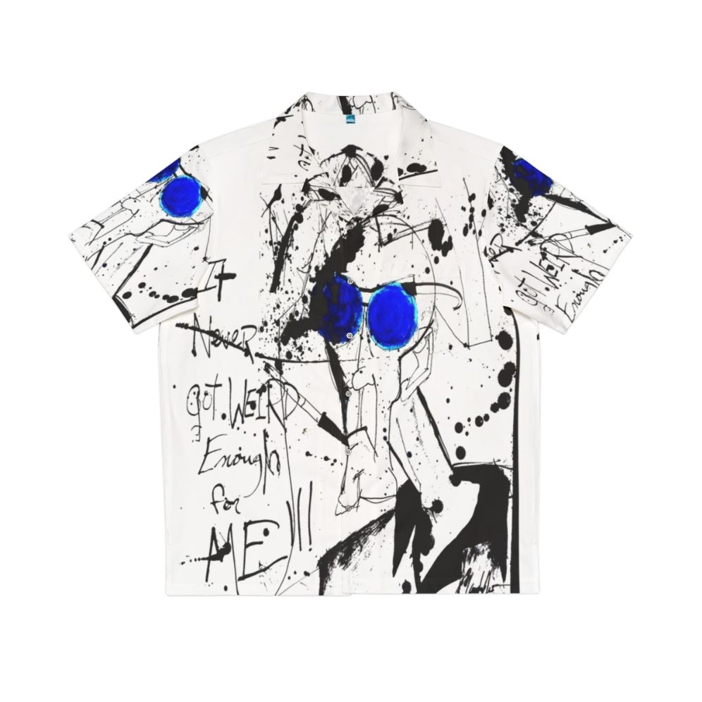 Gonzo-inspired Hawaiian shirt with ink splatter and Ralph Steadman-esque design