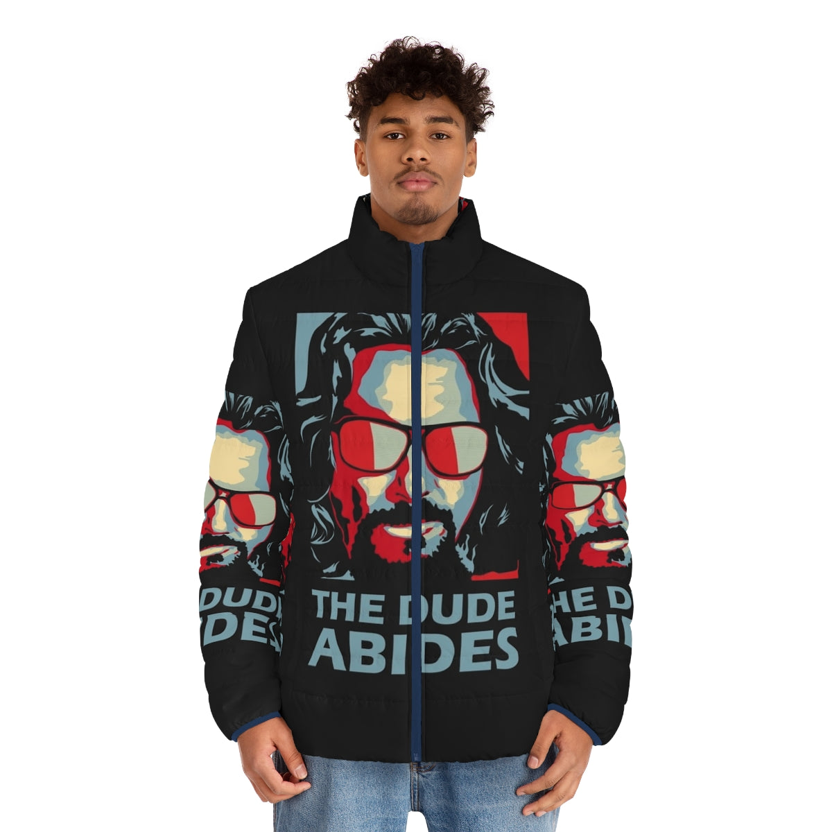 The Dude Abides Man Puffer Jacket featuring a retro '90s stoner-inspired design - men front