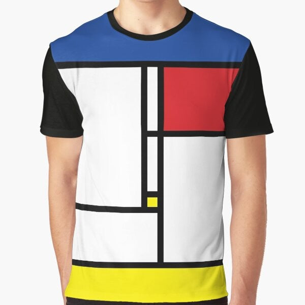 Mondrian minimalist art graphic t-shirt featuring a modern, abstract design in primary colors of red, blue, and yellow.