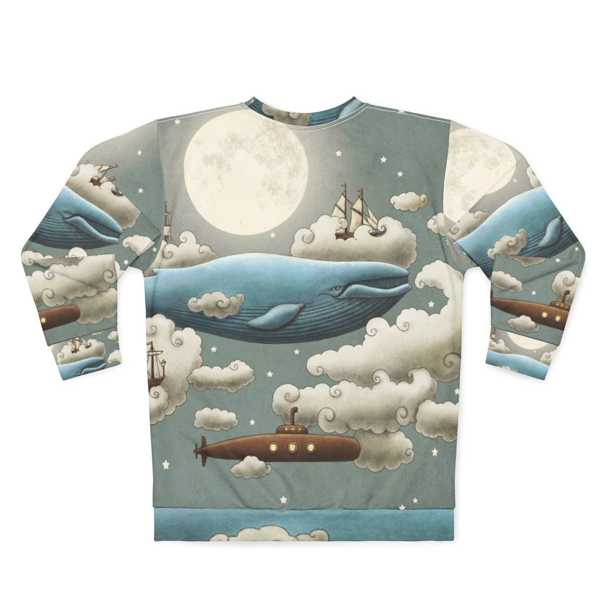 Ocean meets sky whimsical sweatshirt featuring a surreal digital illustration of nature, whales, and tall ships - Back