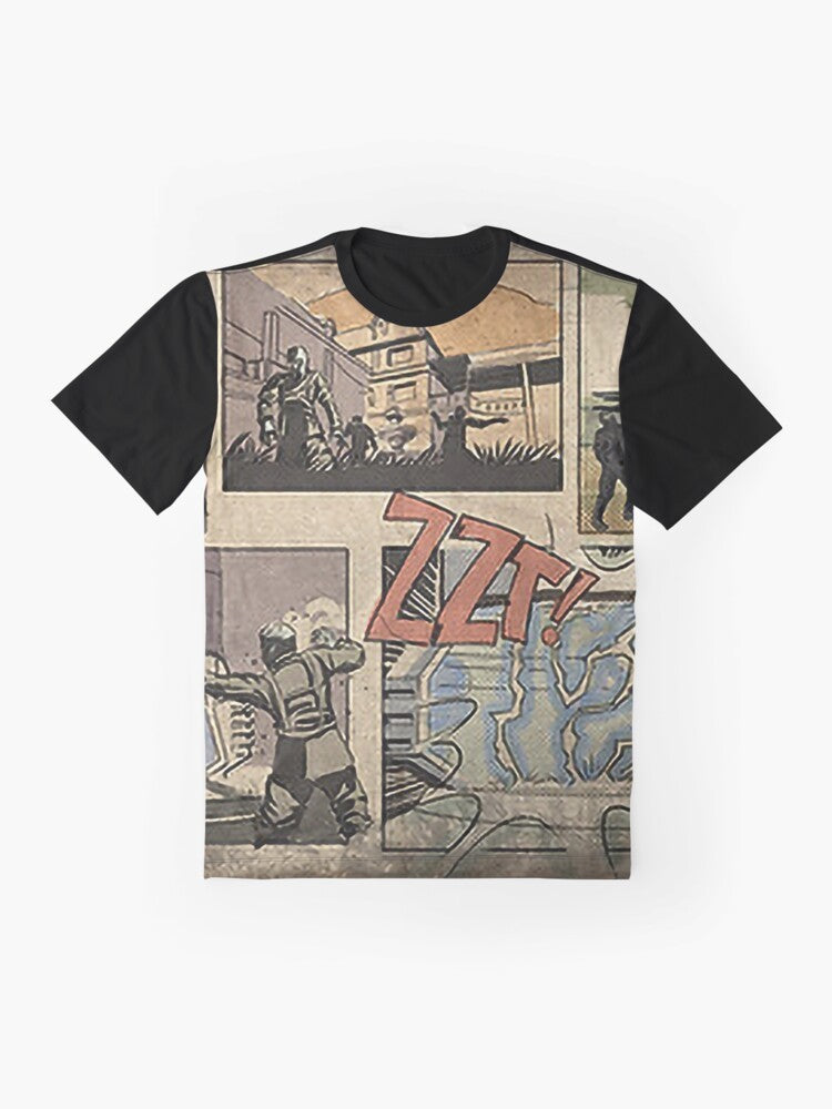 Call of Duty Zombies Comic Graphic T-Shirt featuring a spooky, undead, and scary zombies loading screen design - Flat lay