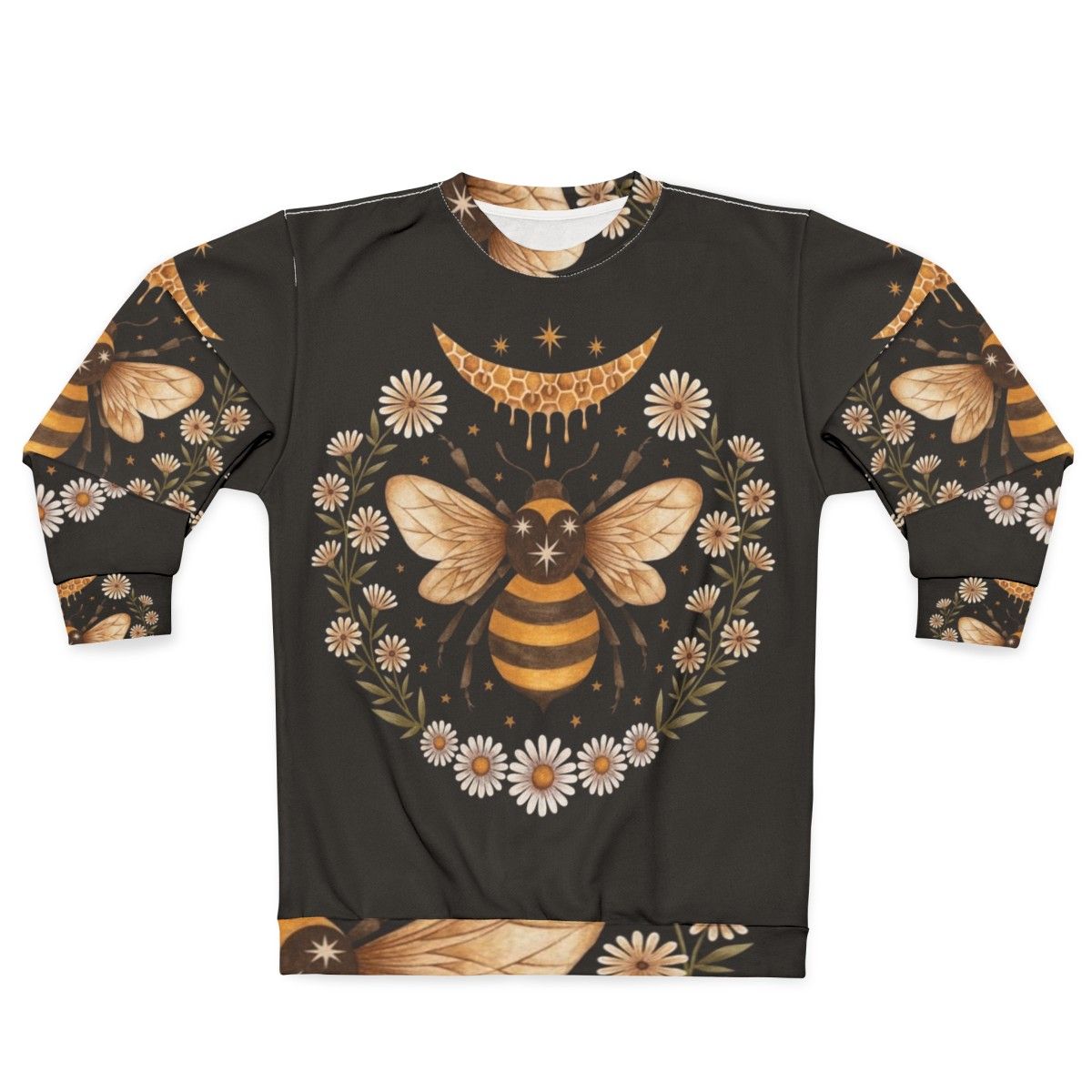 Honey Moon Witch Sweatshirt with Floral Honeycomb and Crescent Moon Design