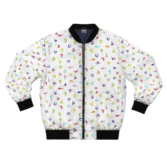 Worm Parade Bomber Jacket with Colorful Worms Crawling on a String