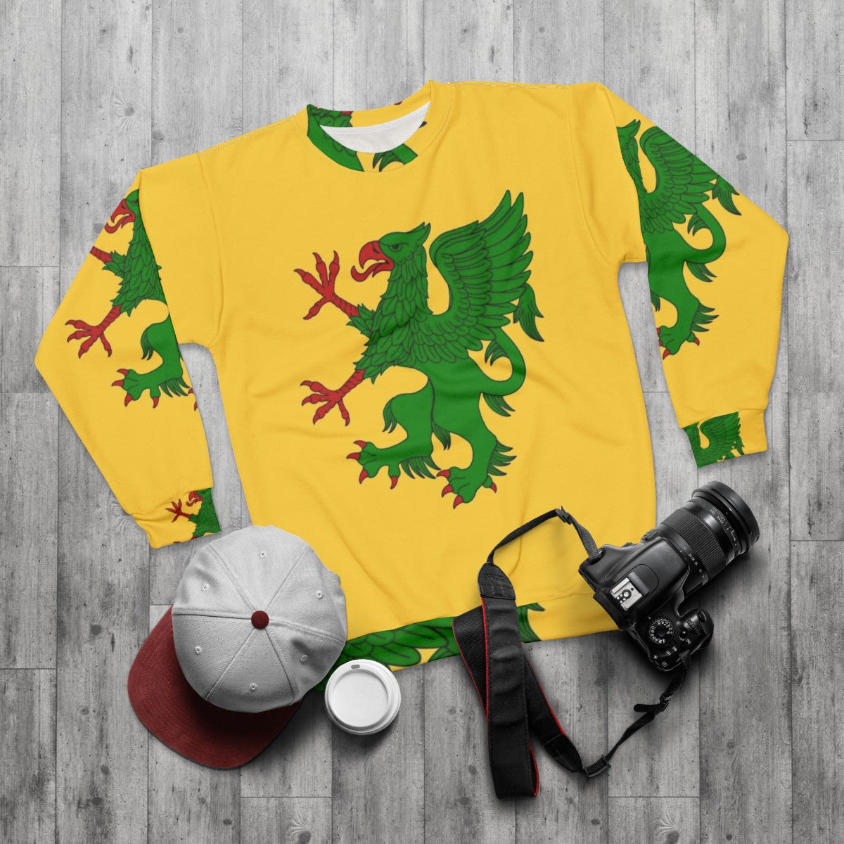 Green Griffin Sweatshirt with Heraldic Design - flat lay