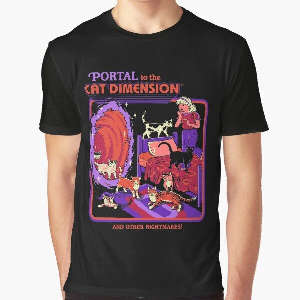 A retro-style graphic t-shirt featuring a cat in a sci-fi dimensional portal.