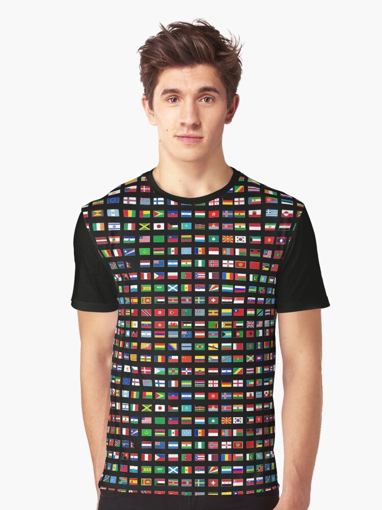 A graphic t-shirt featuring the flags of the world, representing global unity and diversity. - Men