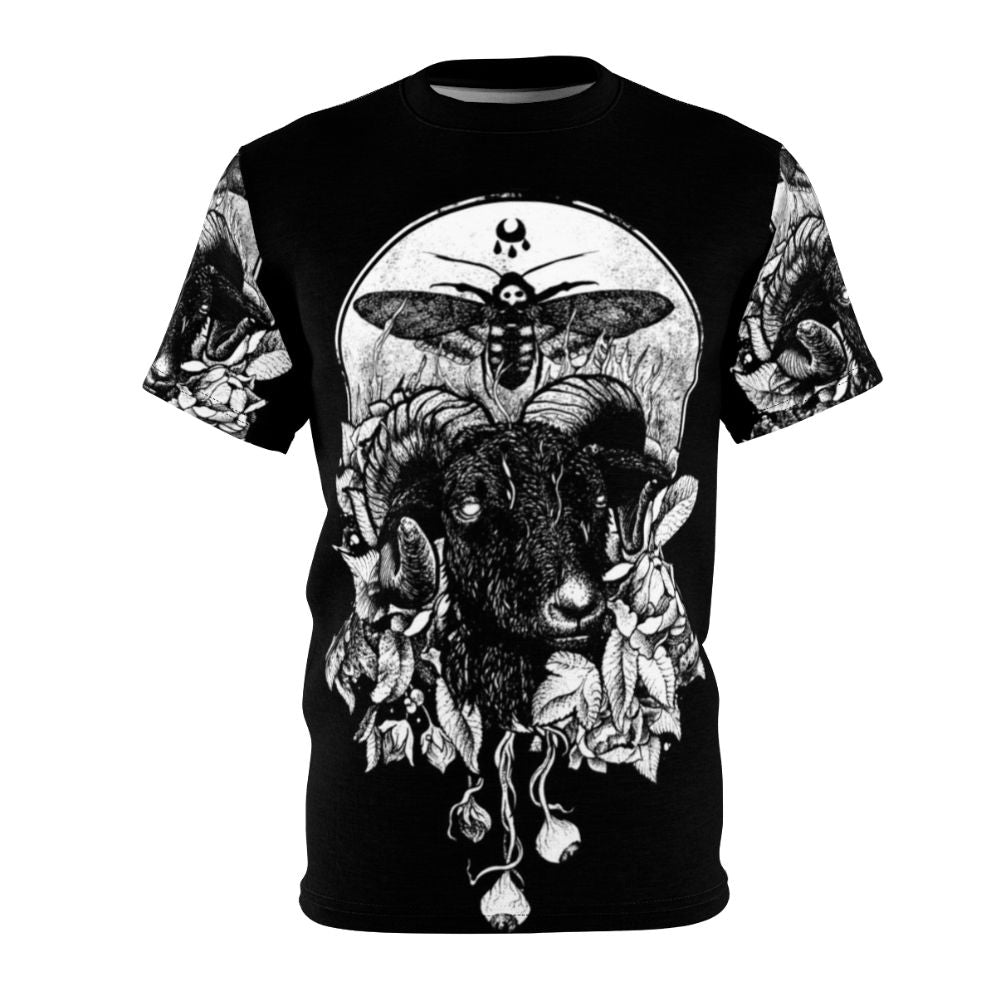 Mystical gothic-inspired t-shirt design featuring dark nature, occult symbols, animals, and floral artwork