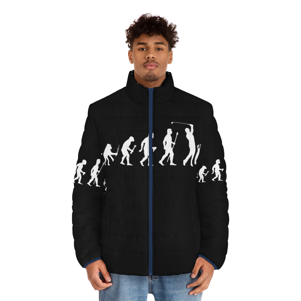 A puffer jacket featuring a humorous design depicting the evolution of a golfer - men front