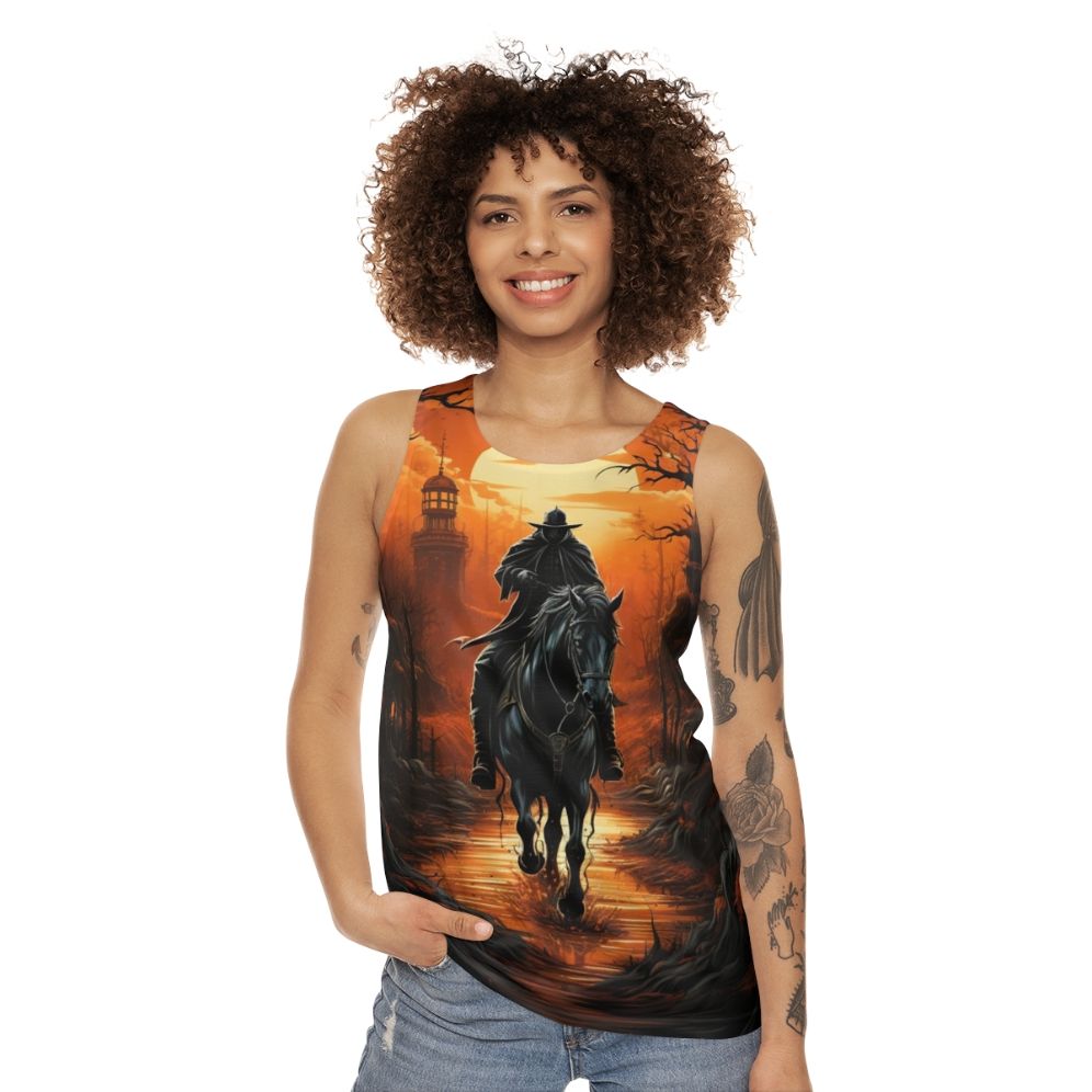 Unisex tank top with ghostly headless horseman design - women