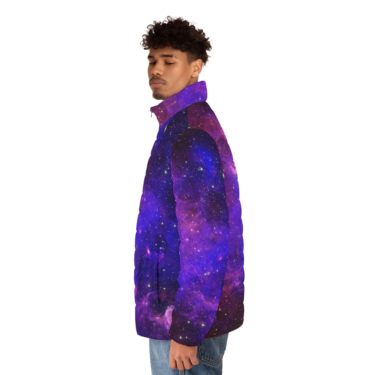 Galaxy Design Puffer Jacket featuring a vibrant cosmic print - men side left