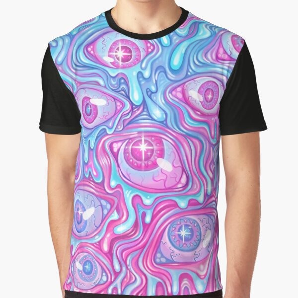 Colorful and trippy eyeball pattern graphic t-shirt with a creepy and horror-themed design