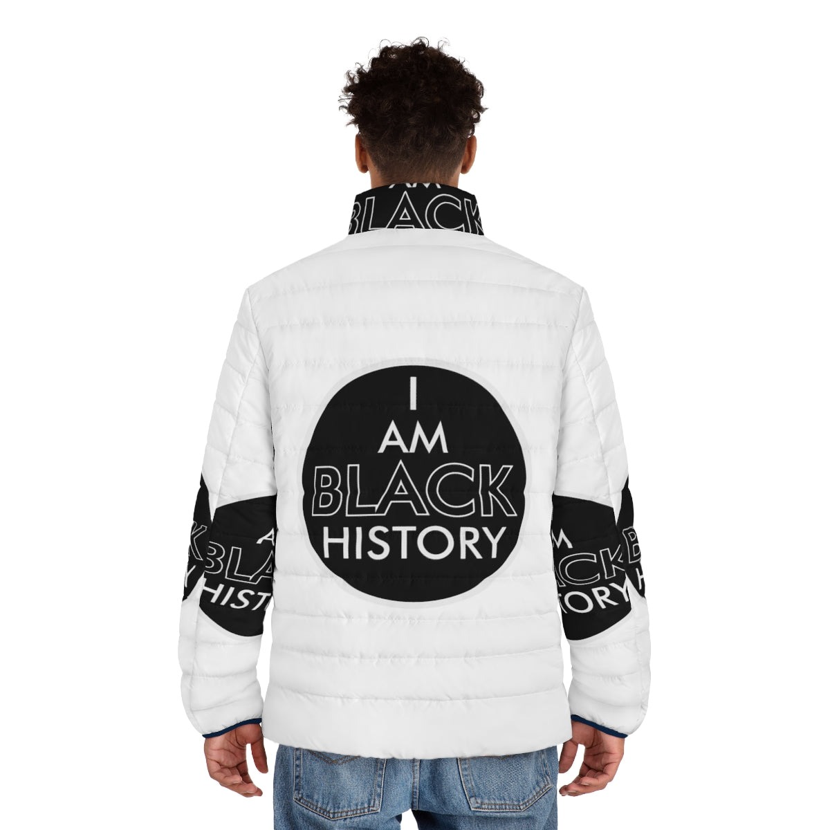 "I Am Black History" retro puffer jacket with vintage Pan Am airline logo - men back