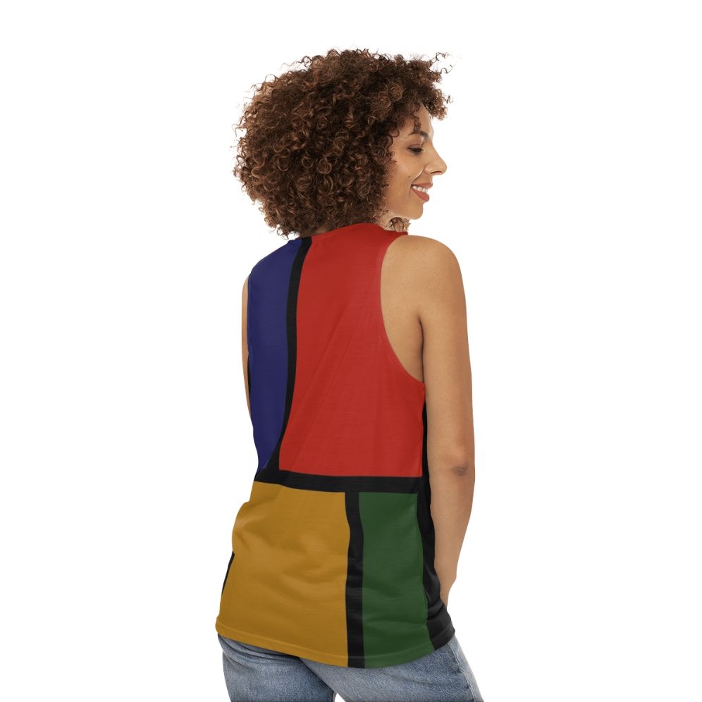 Colorful, geometric Mondrian-inspired unisex tank top - women back