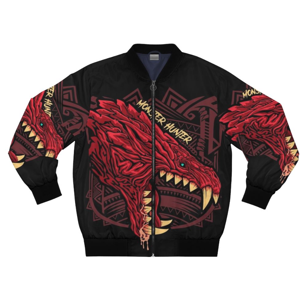 Monster Hunter inspired bomber jacket featuring the Odogaron monster design