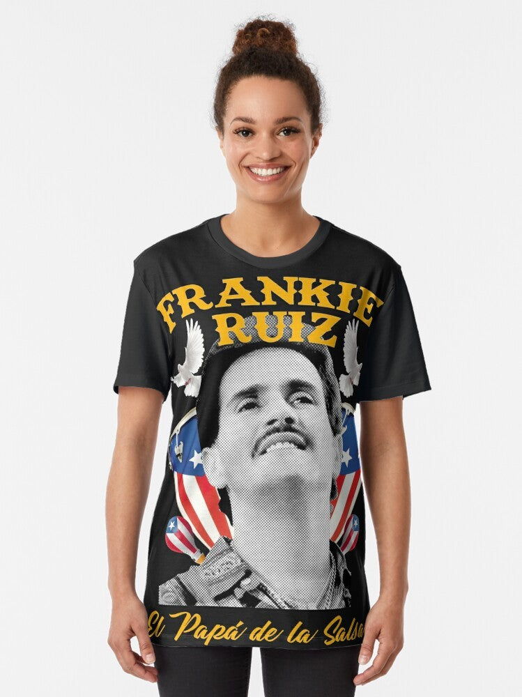 A graphic t-shirt featuring the iconic Puerto Rican salsa artist Frankie Ruiz. - Women