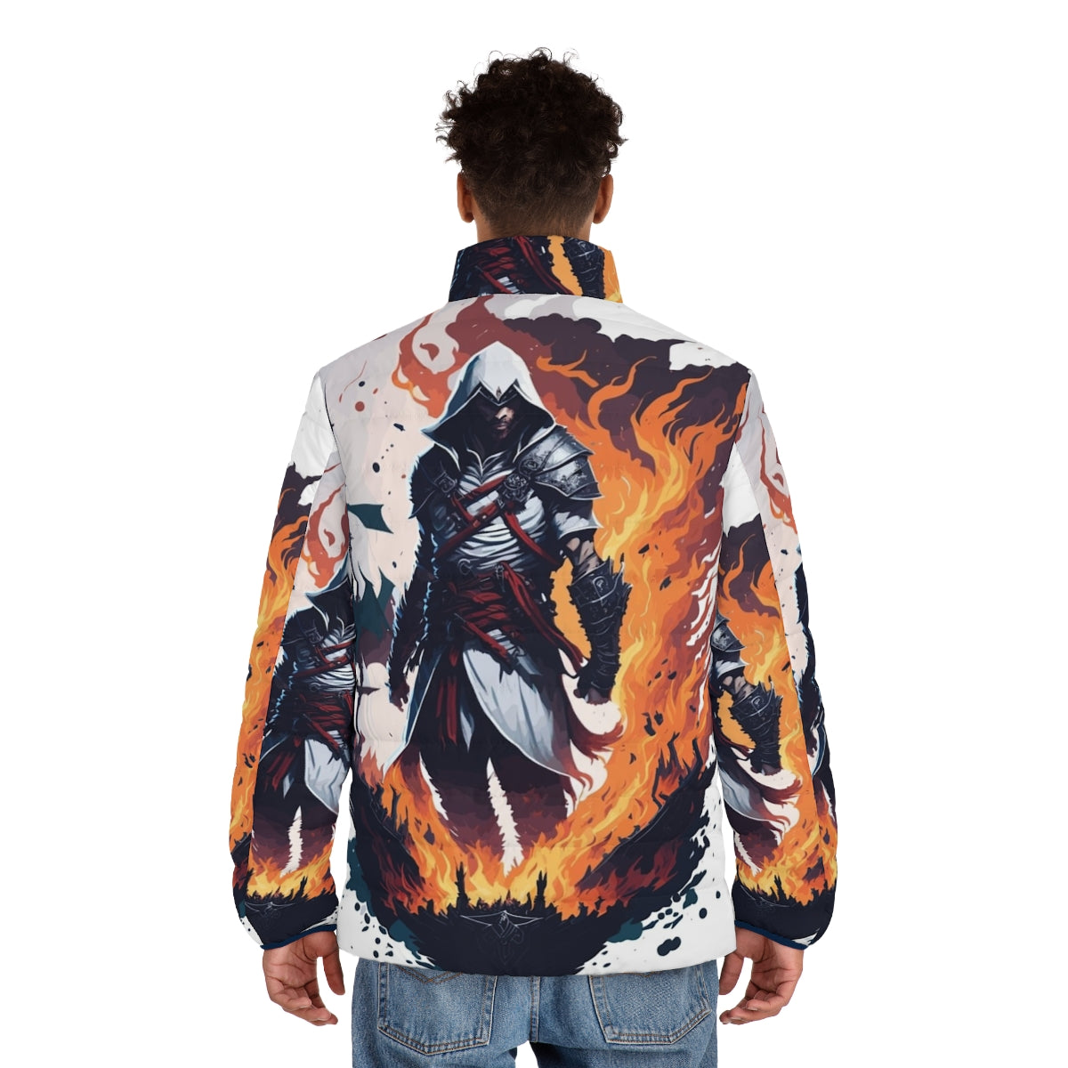 Assassin's Creed inspired puffer jacket featuring fan art design - men back