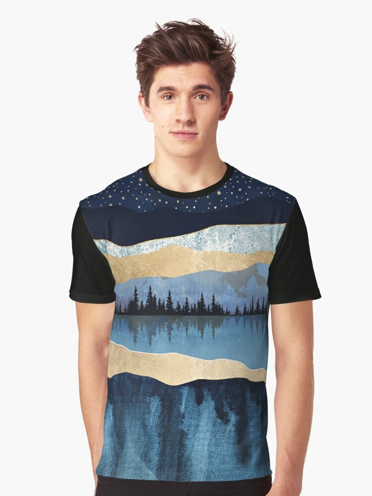 Midnight Lake Graphic T-Shirt featuring a serene abstract landscape with a night sky, trees, and water reflection - Men