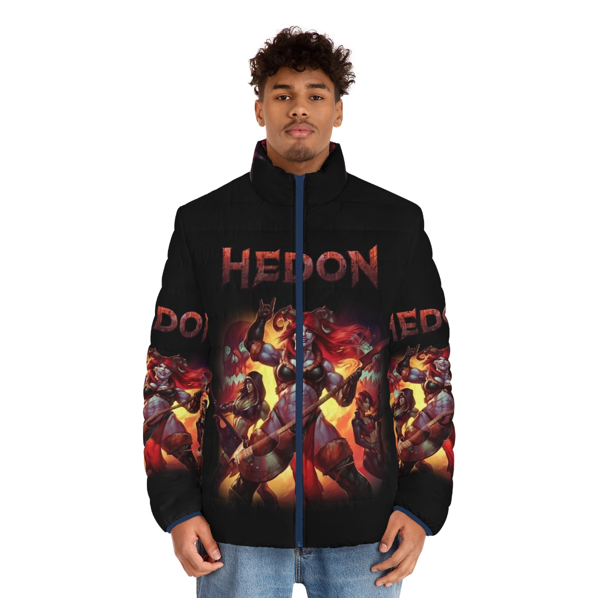 Hedon fantasy puffer jacket featuring retro video game inspired art and design - men front