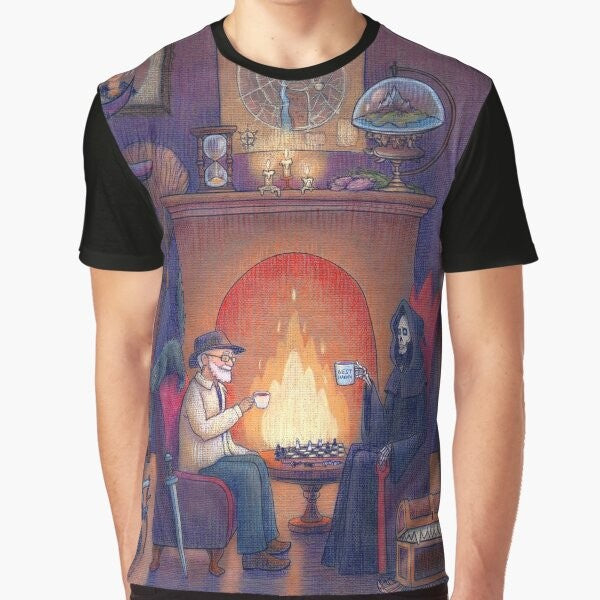 Graphic t-shirt with fantasy wizard and friendship design