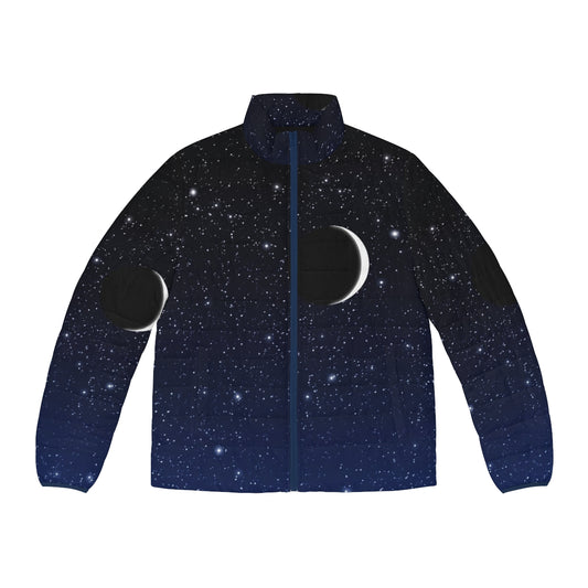 Midnight blue puffer jacket featuring a starry night sky and crescent moon design