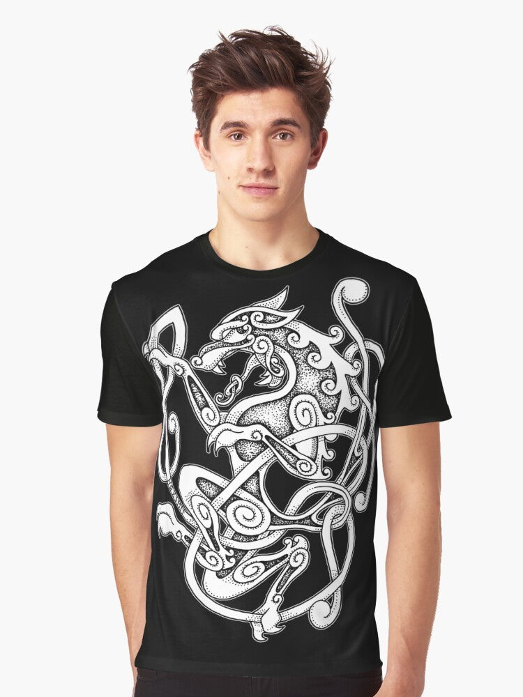 Varg Norse Viking Graphic T-Shirt with wolf, knotwork, and Norse symbols - Men