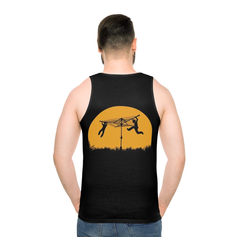 Unisex tank top with sunset silhouette graphic design - men back