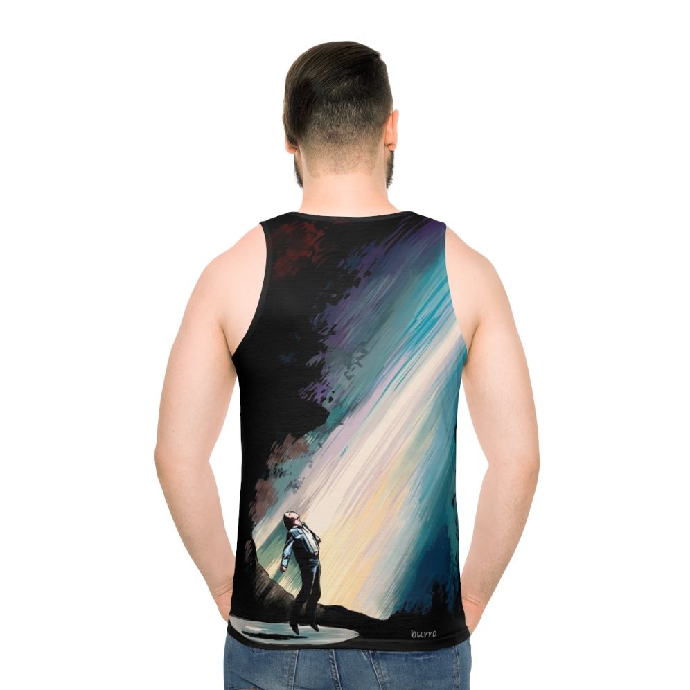 Vibrant sci-fi illustration of a fire in the sky with UFOs on a unisex tank top - men back