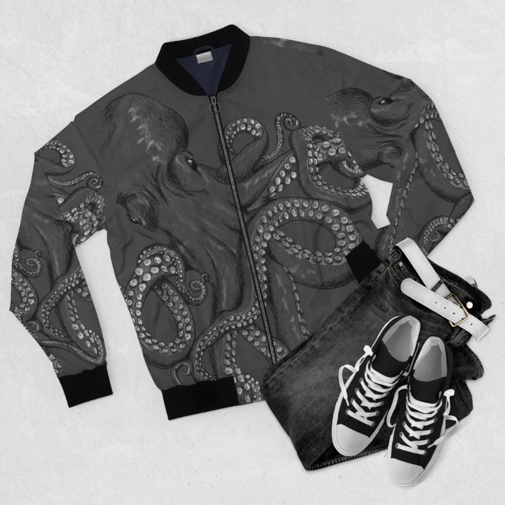 Realistic octopus design in black and white line art on a two-tone bomber jacket - Flat lay