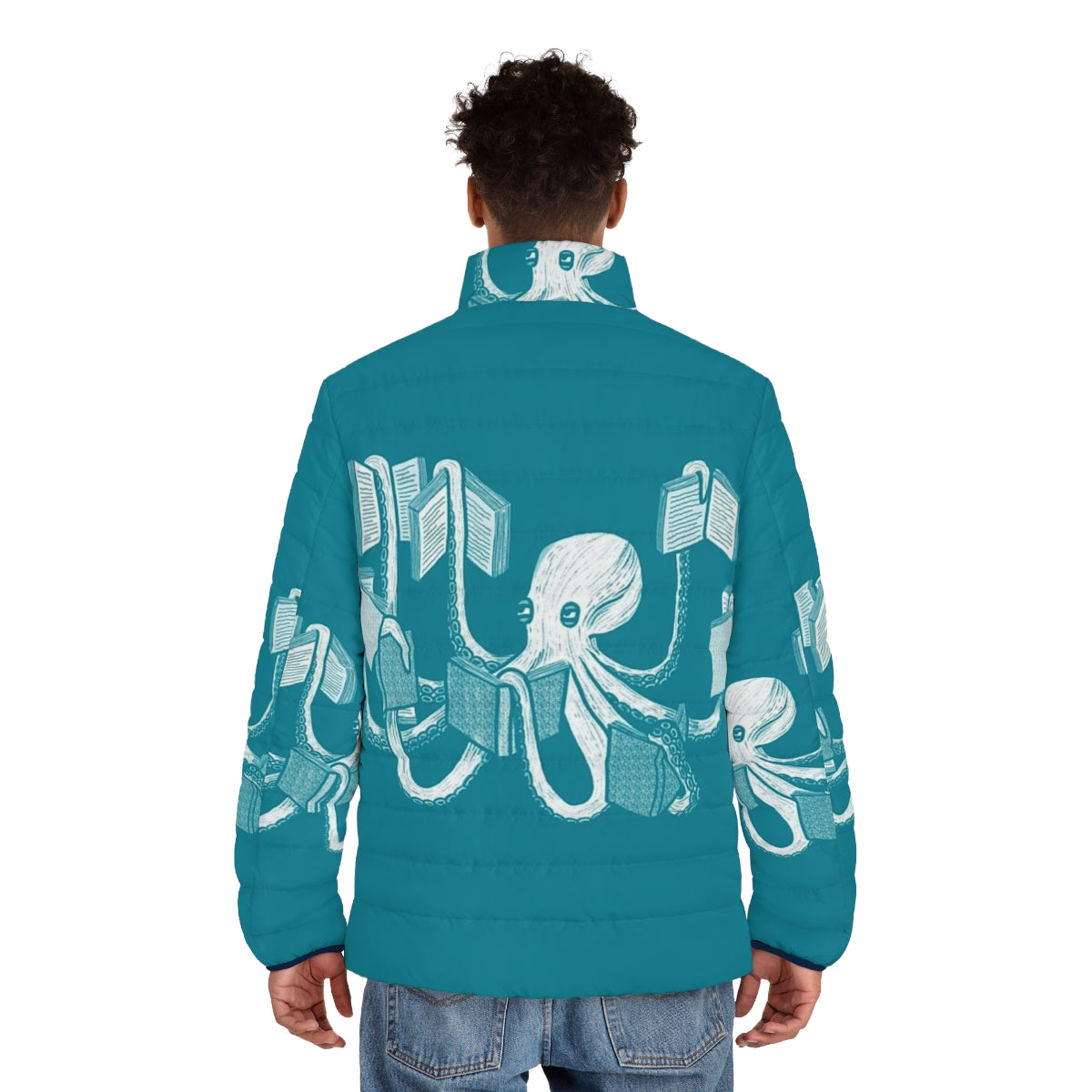 Puffer jacket with an octopus, squid, and book graphic design for book lovers - men back