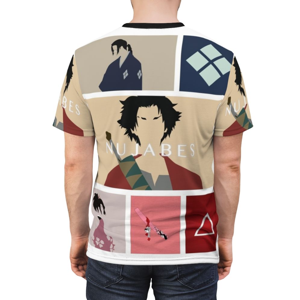 Samurai inspired Champloo anime t-shirt design featuring Mugen, Jin, and Fuu - men back