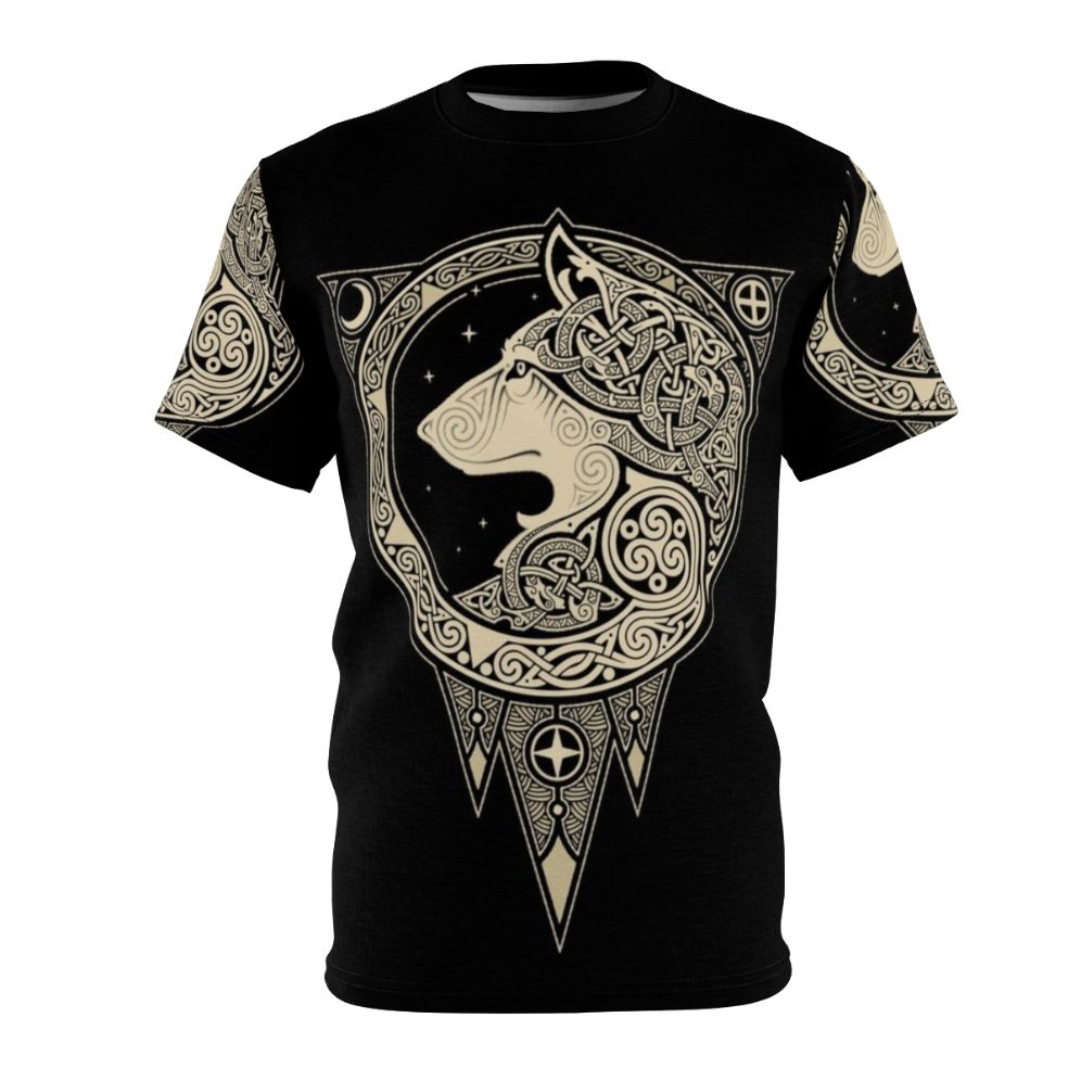 Photograph of a Norse-inspired t-shirt with a detailed wolf graphic, set against a background of celestial symbols and organic patterns.