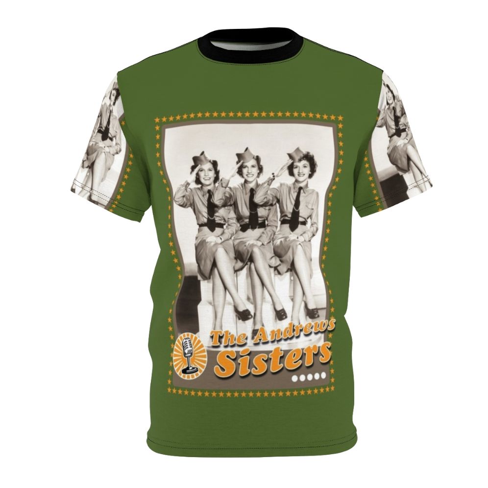 Vintage-style t-shirt featuring a tribute design to the iconic American singing trio, The Andrews Sisters.