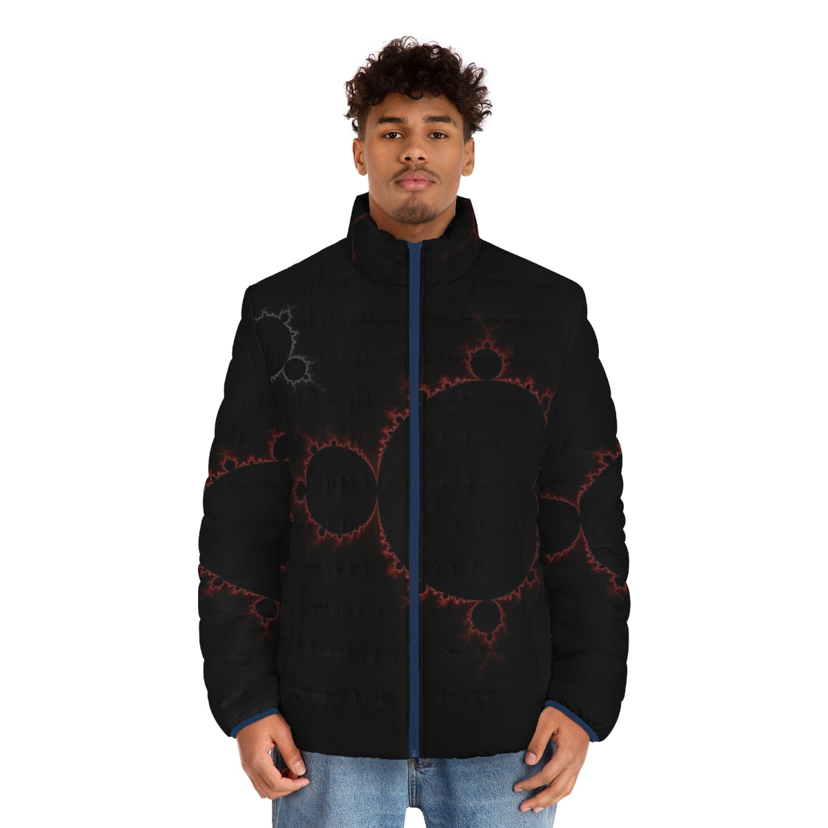 Mandelbrot set puffer jacket with a colorful, abstract fractal pattern - men front