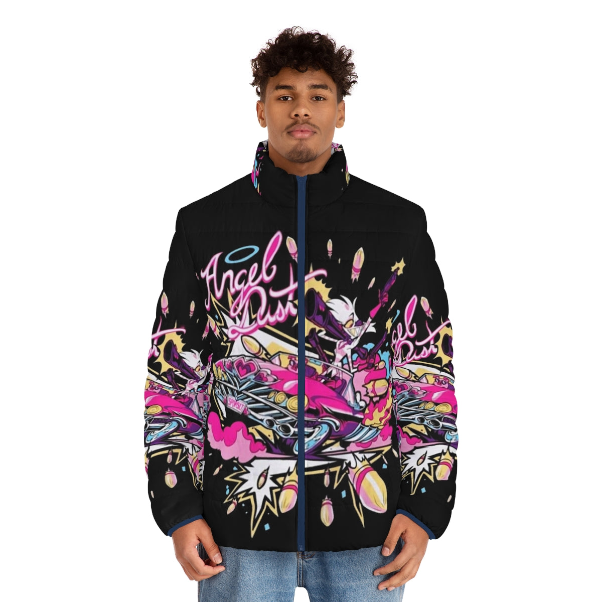 Hazbin Hotel Angel Dust Puffer Jacket with Anime-Inspired Design - men front