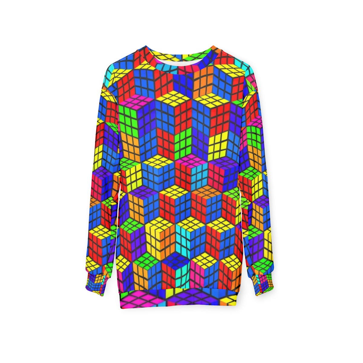 Rubik's Cube optical illusion sweatshirt with colorful, abstract geometric design - hanging