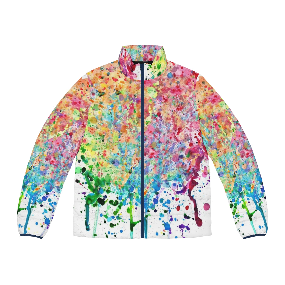 Colorful rainbow paint splatter puffer jacket