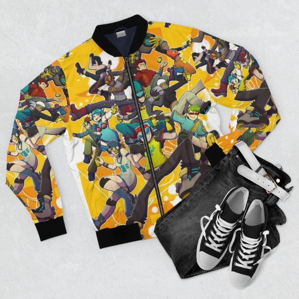 Jet Set Radio inspired bomber jacket with graphic design - Flat lay