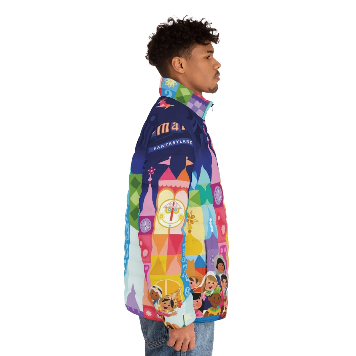 Small World Fantasyland Puffer Jacket with Whimsical Disney-inspired Design - men side right