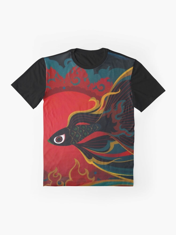 A graphic t-shirt featuring a fiery, oriental-inspired fish creature. - Flat lay