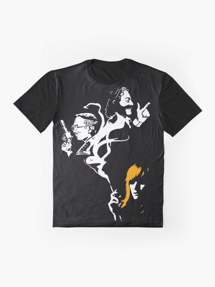 Disco Elysium noir-inspired graphic t-shirt featuring moody, black and smoke design with key characters like Harrier Du Bois, Kim Kitsuragi, and Harry. - Flat lay