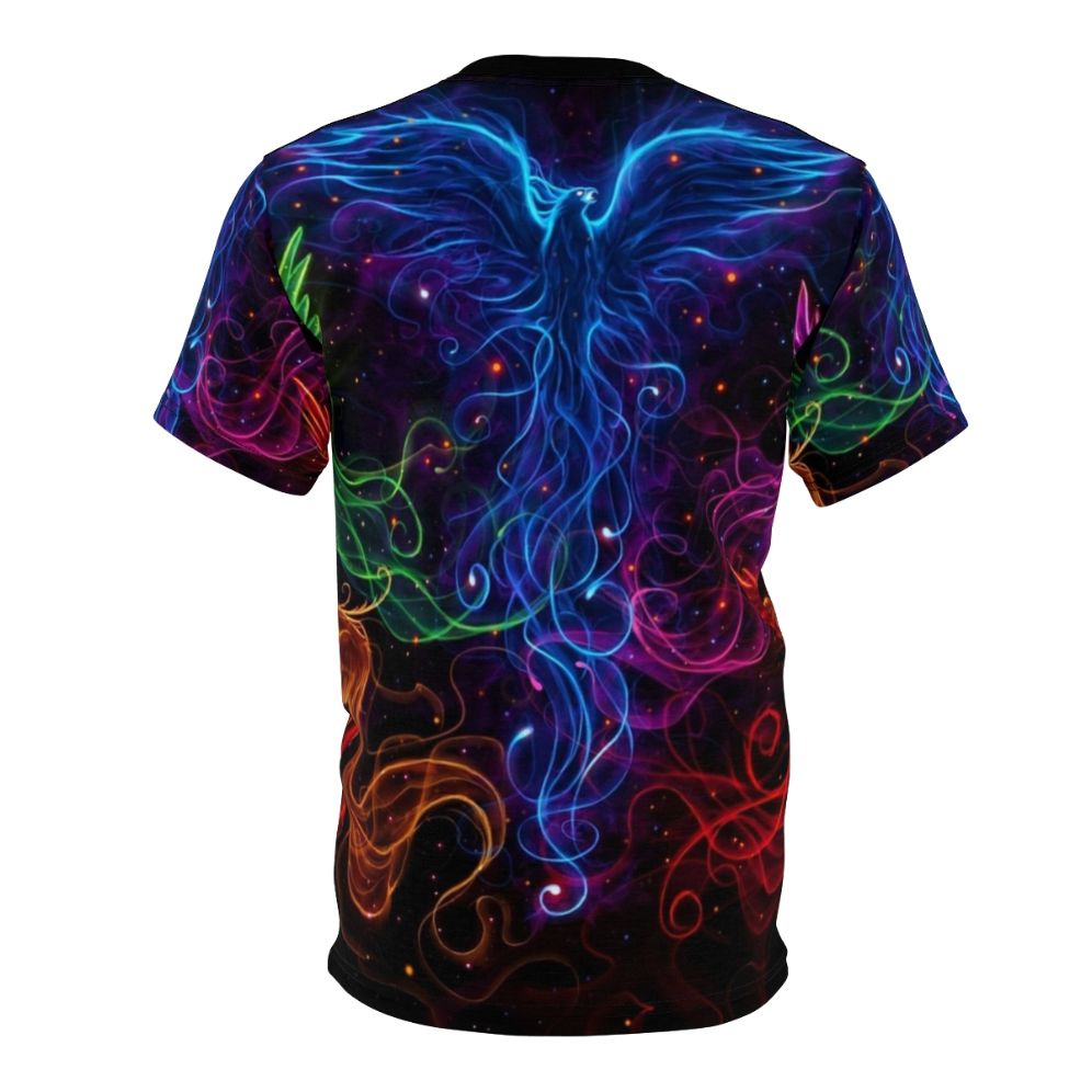 Artistic t-shirt design featuring a sky full of phoenix birds in a rainbow color scheme - Back