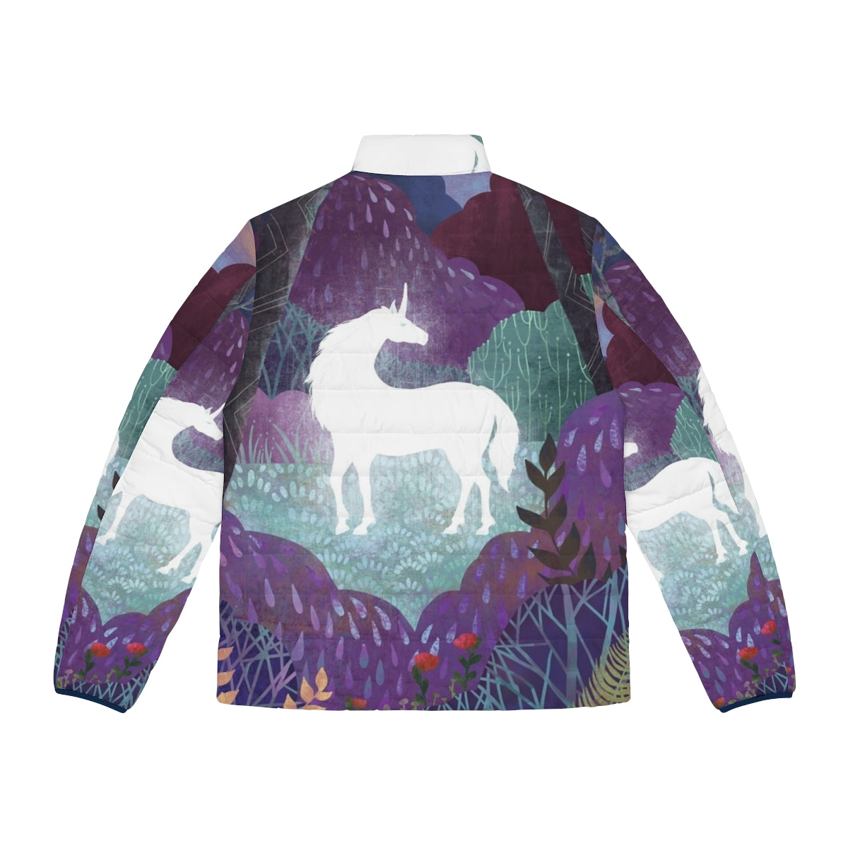 The Last Unicorn themed puffer jacket in a lavender and purple color palette - Back