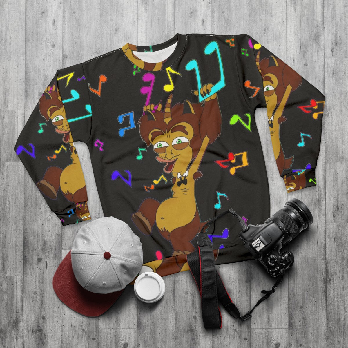 Big Mouth Maury Music Sweatshirt featuring hormone monster and adolescent animation - flat lay