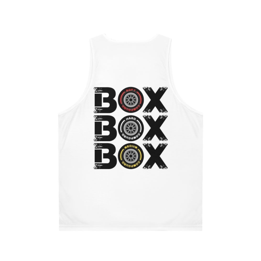 Formula 1 F1 Racing Tyre Wear Pit Box Design Unisex Tank Top - Back