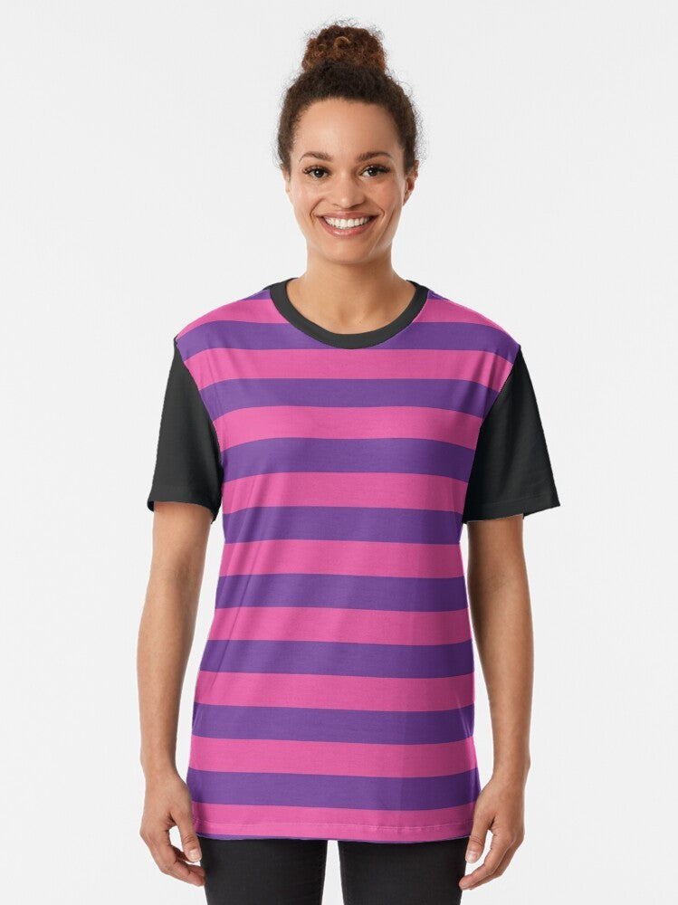 Striped Cheshire Cat graphic t-shirt in shades of pink and purple - Women