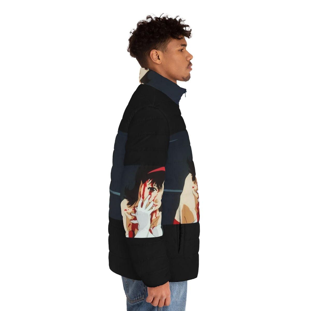 Blue puffer jacket with anime and video game inspired design - men side right