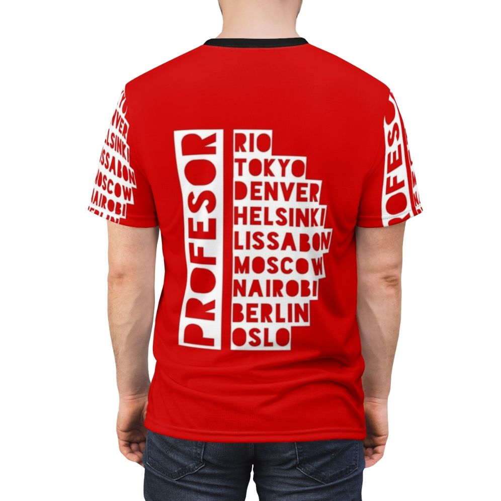 Premium all-over print t-shirt with Money Heist inspired design featuring the Professor - men back