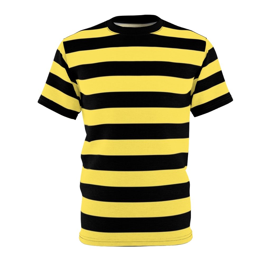 Stylish black and yellow striped t-shirt with a bold, graphic design inspired by the popular "Me Before You" movie and book.