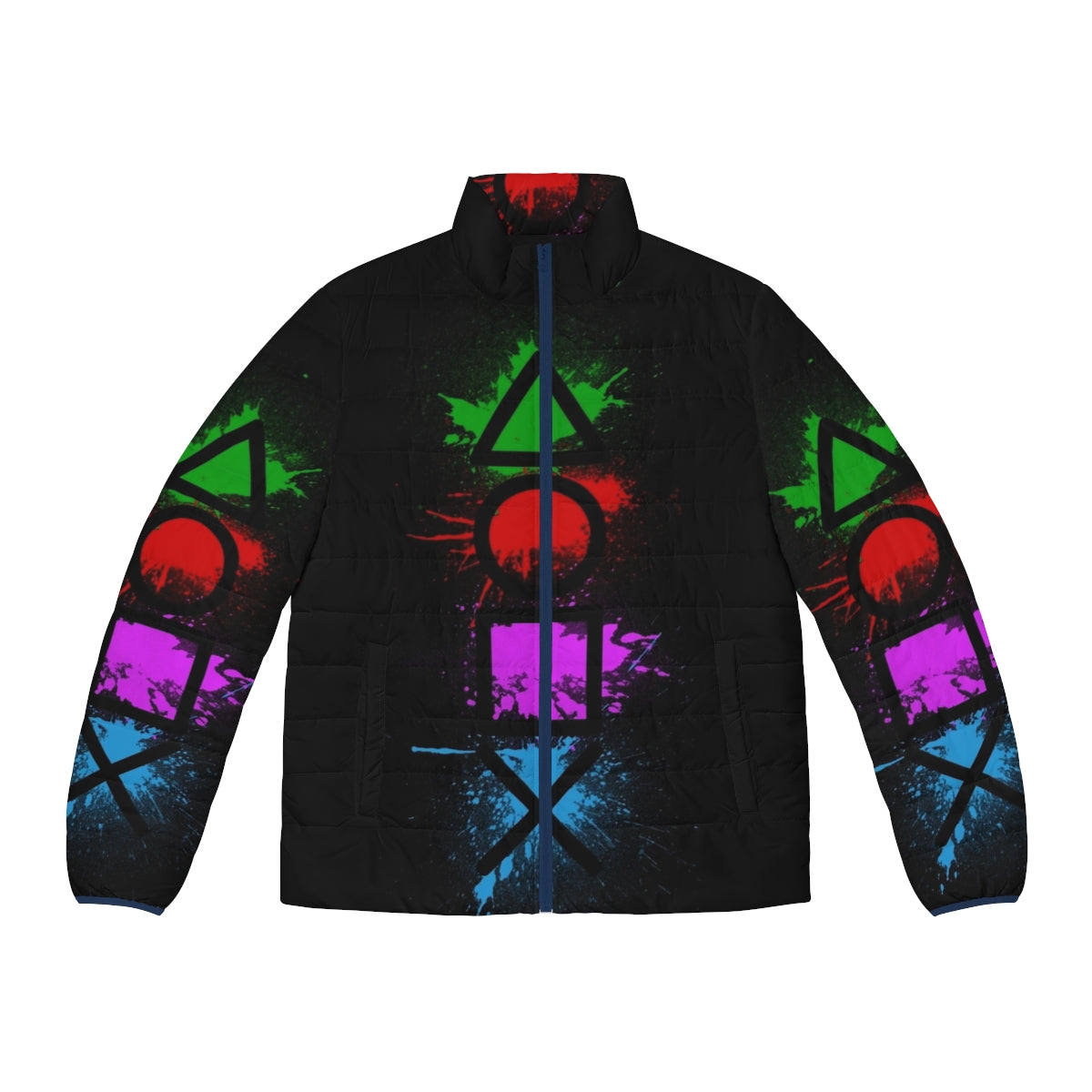 Splatter puffer jacket with video game controller buttons design